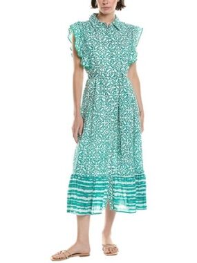 Ro’s Garden Teal Printed Midi Dress with Ruffle Sleeves